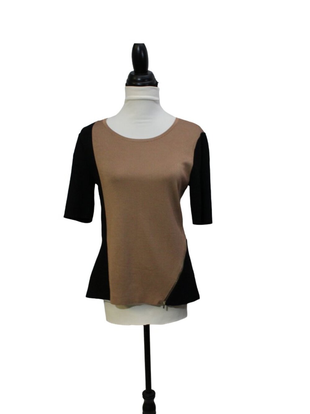 White House Black Market Colorblock Blouse Tan Black Stretch Tee Top